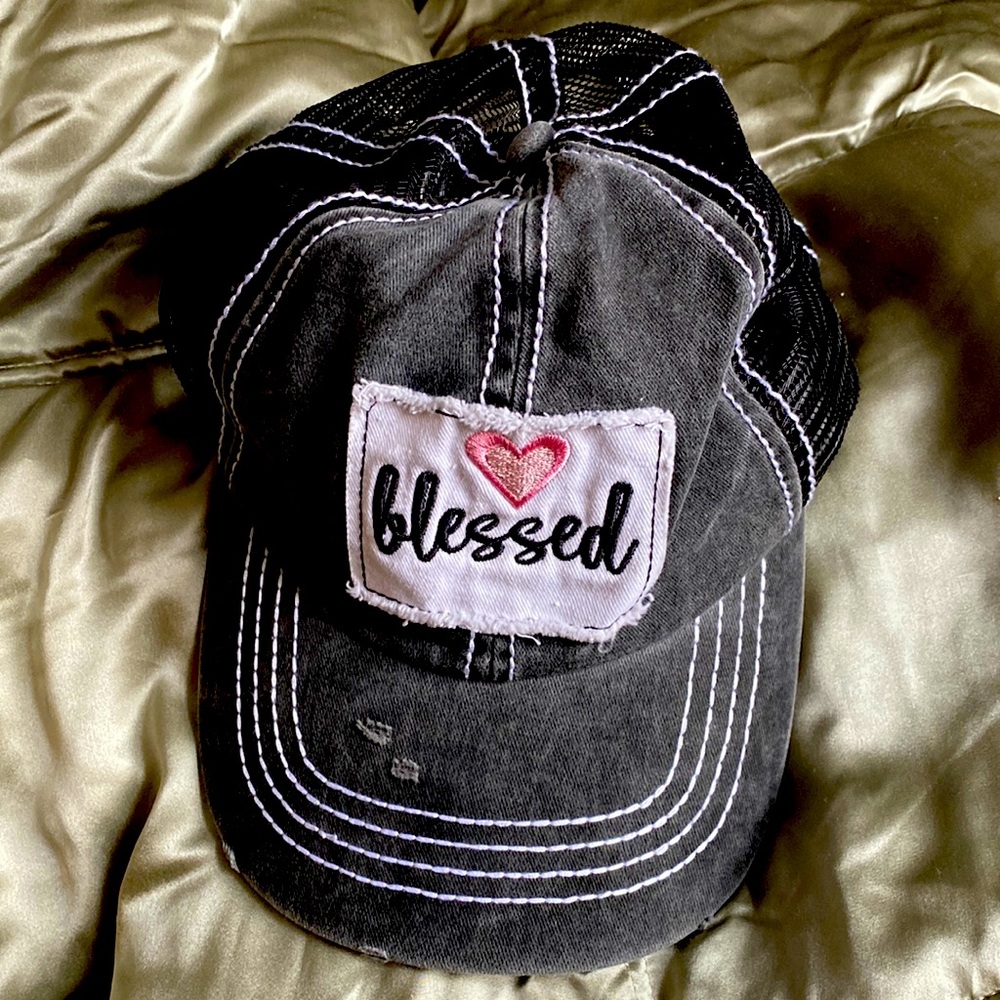 David &Young Gray Pink Blessed Distressed Adjustable Cap Cotton Blend NeverUsed